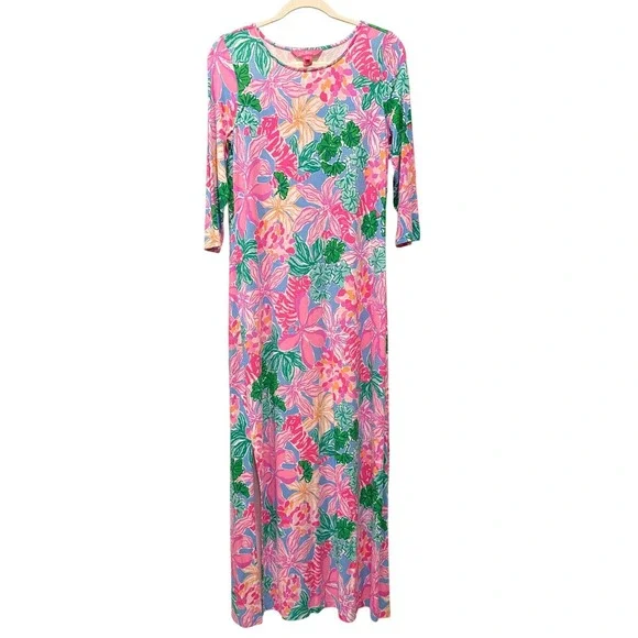 Lilly Pulitzer Morgann Maxi Dress 3/4 Sleeve Pastel Multi Color Tigers Lair M - Picture 3 of 10